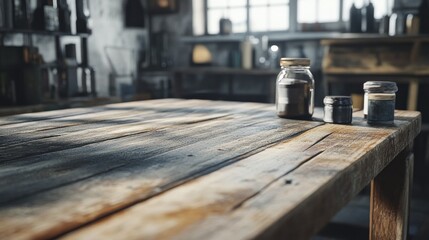 Wooden table top with space to add industrial themed models or product designs, background wallpaper AI generated image