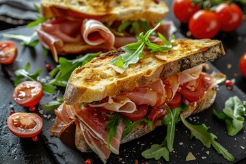 Clear Pixel Visual of Delicious Sandwiches with Prosciutto, Cheese, and Fresh Ingredients