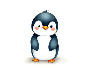 Obraz premium Cute cartoon penguin with cheerful expression, featuring black and white body, orange beak, and feet, set against white