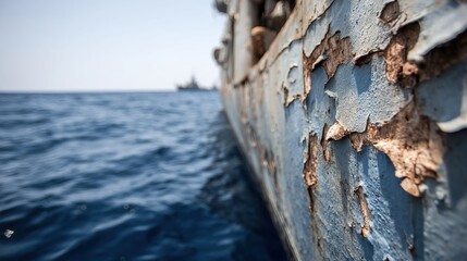 Close-Up of Damaged Navy Ship Hull with Rust and Peeling Paint, Ocean Background Blurred, Documentary Style