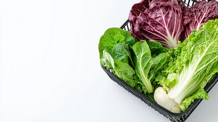 Fresh lettuce and leafy greens in wire basket create vibrant and healthy display