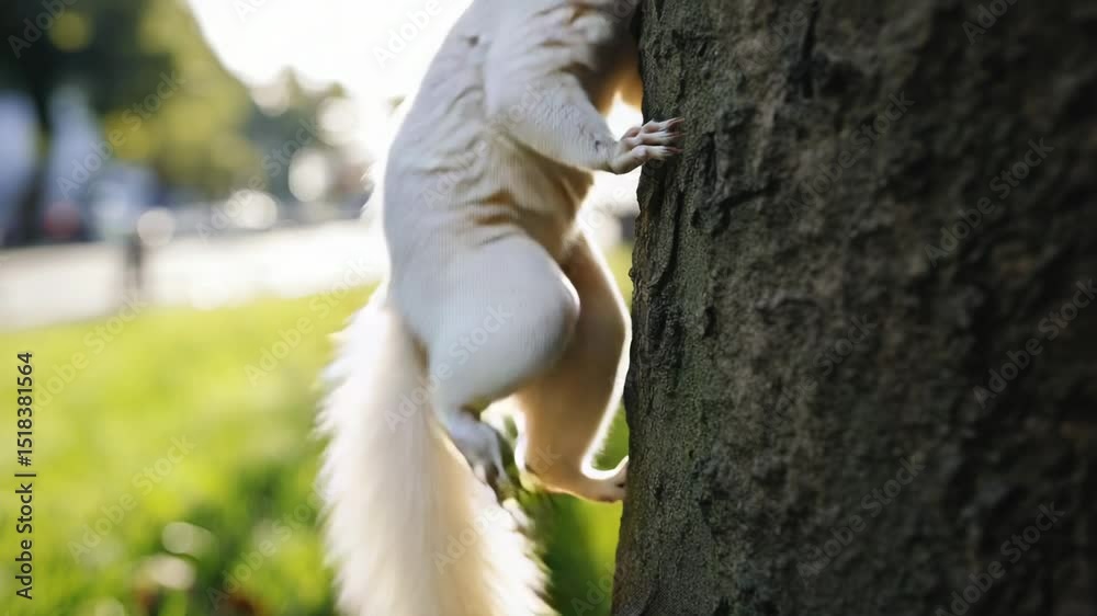 Aufkleber A small white squirrel is climbing up the side of a tree, finding its way through the branches