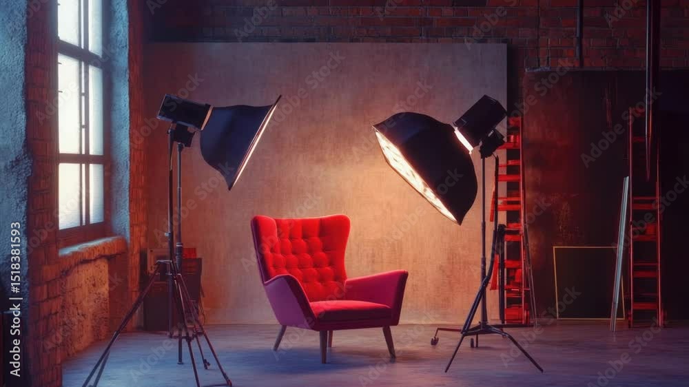 Poster a single red chair sits next to a window, perfect for a cozy reading nook or intimate conversation