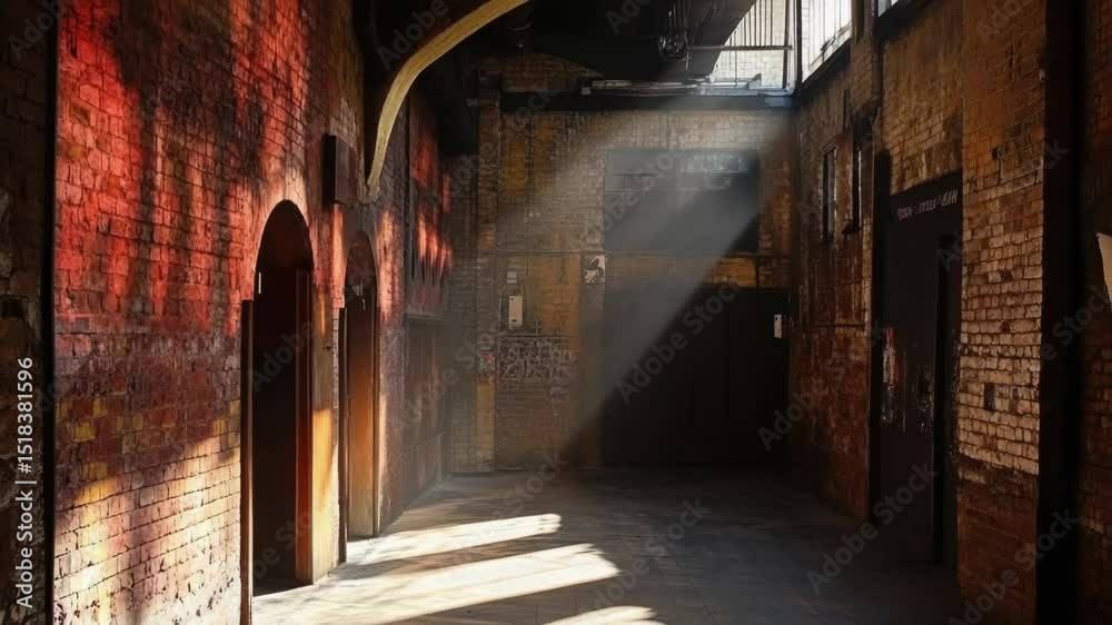 Poster A brick building with sunlight shining through the windows, suitable for use in architecture or construction projects