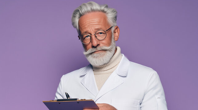 a senior german dentist (70 years old) with a clipboard and professional posture