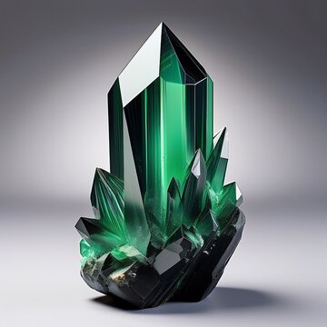&Auml;girin &ndash; dunkler Kristall mit gr&uuml;ner Farbe und glasartigem Glanz auf neutralem Hintergrund