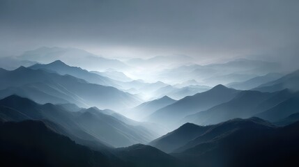 Fototapeta premium Tranquil Serenity of Mountain Ranges at Dawn with Soft Mist and Gentle Light
