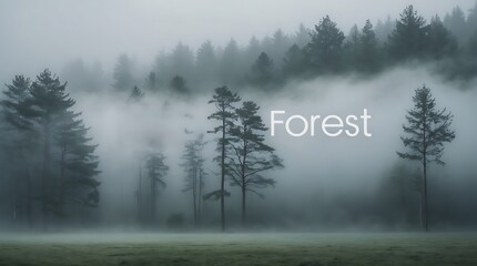 Naklejka premium Mist envelops tall trees in a quiet forest during early morning hours