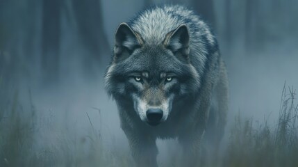 A hungry wolf lurks in the mist, a menacing gaze, background wallpaper AI generated image