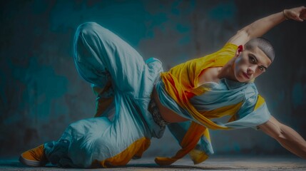 A man in a yellow and blue outfit is doing a dance move. The image has a vibrant and energetic mood, with the man's colorful outfit and the dynamic pose he is in