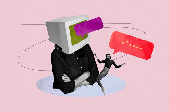Trendy art creative full zine photo collage of anonym girl guy instead head pc monitor communication robot bubble chat talk