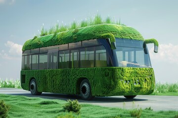 Clear Pixel Picture of Eco Transport Bus with Grass on the Roof