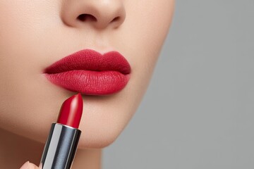 A closeup of red lipstick being applied to lips