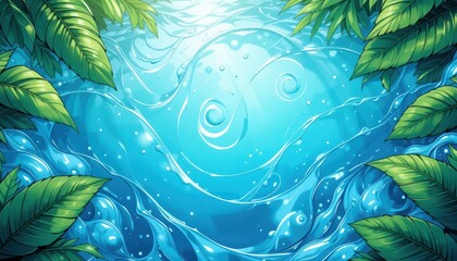 Naklejka premium Lush Green Leaves Bordering Clear Blue Water Swirls