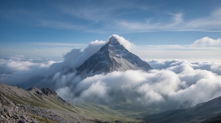 Majestic mountain peak surrounded by clouds in bright blue sky over green valley