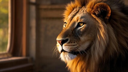 Close-Up Portrait of a Majestic Male Lion with a Golden Mane, Looking Out a Window, 4k