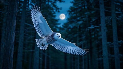 Majestic Snowy Owl Flying Through a Dark Forest Under a Full Moon, 4k