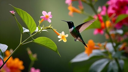 Hummingbird Hovering Near Vibrant Tropical Flowers in a Lush Garden, 4k