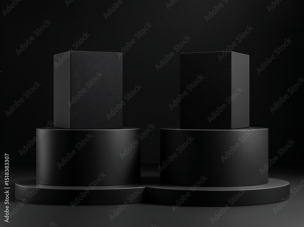 Poster a 3d luxury presentation features an empty platform on a black product podium display against a dark