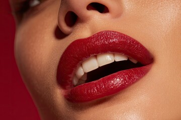Fototapeta premium A closeup shows bright red lipstick on a persons open mouth revealing teeth and part of the face