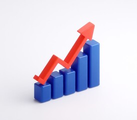 The illustration features a growth graph with an up arrow, isolated on a transparent png background, representing a 3d concept of financial success in business and marketing, where the market and
