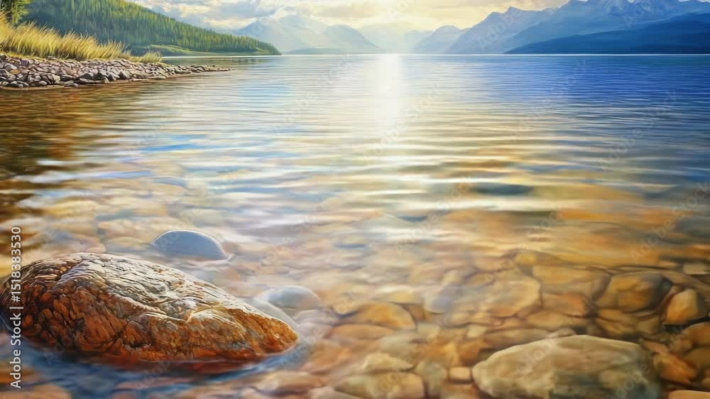 Poster a serene scene featuring a lake with rocks submerged in the water