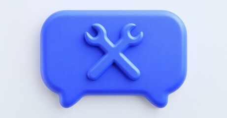 Obraz premium A 3D icon representing maintenance service repair is isolated on a white background, accompanied by a blue speech bubble containing a message, and symbolizes industry equipment or engineering