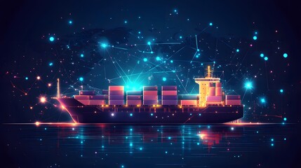 Fototapeta premium Digital Sea Voyage: A modern cargo ship navigates a sea of data in a captivating digital illustration. The vessel, laden with shipping containers.