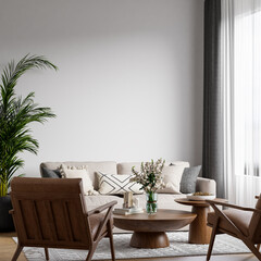 Scandinavian Living Room with Cozy Sofa & Armchair, Light Wood Furniture, Textured Rug, Indoor Plants, Table Decor with Neutral Palette, Copy Space for Design - 3d Rendering
