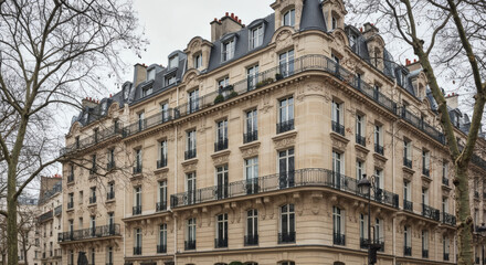 Fototapeta premium Elegant Parisian Apartment Building Architecture Stone Facade, Balconies, and Mansard Roof