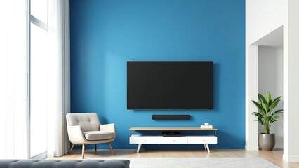Modern living room with blue wall and flat screen tv