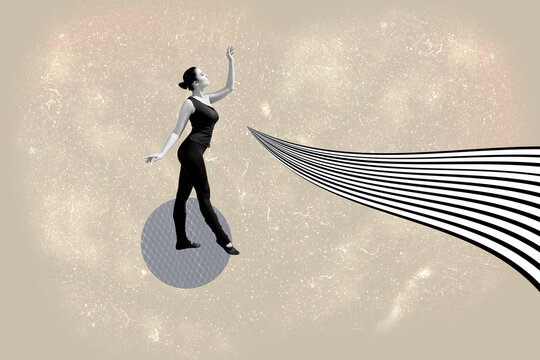 Fototapeta Collage of stylish person with hypnotic swirl and geometric pattern black white waves background in modern pop style