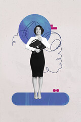 Banner poster collage of worker person stand with messy lines on grey background