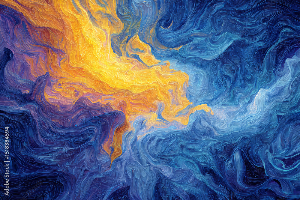 Poster abstract artwork featuring swirling blue and yellow hues creating a dynamic, flowing texture resembl