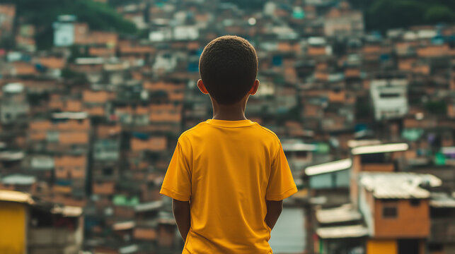 young boy with yellow shirt standing in front of football soccer field in the favelas of Brazil. dreaming of becoming a professional football player