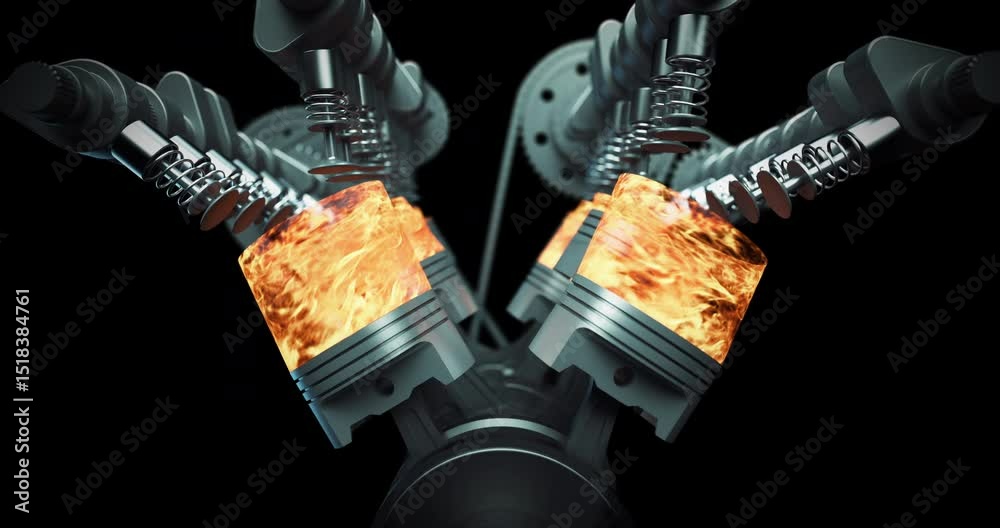 Poster Wireframe Car Animation Exposing the Motion of a V8 Engine With Moving Pistons. Industry And Technology Related 3D Animation.