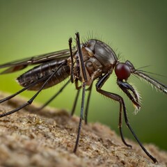 A detailed close-up of a mosquito-like insect with a dark body, perched on a textured natural surface, possibly wood or bark. Its slender proboscis and delicate legs are clearly visible.

