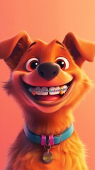 Obraz premium Full-length dog with a smile, adorable, with braces and colored bands on upper teeth, pastel background. generative ai