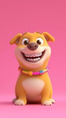 Fototapeta premium Full-length dog, smiling, wearing braces and colorful elastic bands, on a pastel pink background. generative ai