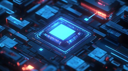 Central Processing Unit: A close-up of a technologically advanced central processing unit(CPU), glowing with vibrant blue and red hues, set against a complex network of circuitry.