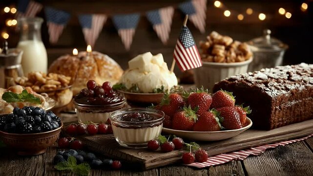 Diverse food arrangement on wooden table with berries and bread