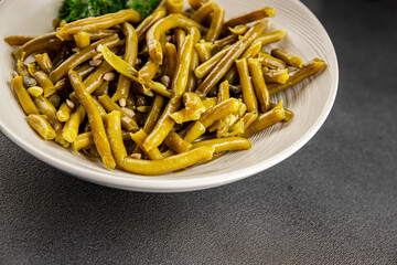 Green beans canned vegetables green string beans fresh delicious gourmet food background on the table rustic food top view copy space keto and paleo diet vegan and vegetarian food