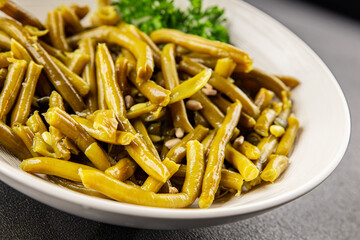 Green beans canned vegetables green string beans fresh delicious gourmet food background on the table rustic food top view copy space keto and paleo diet vegan and vegetarian food