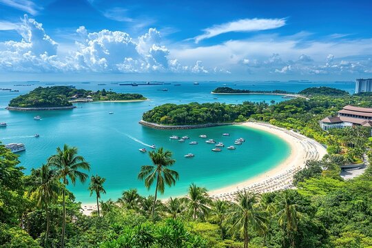 Photo of Sentosa Island in Singapore, overlooking the ocean with other islands and boats, clear blue sky