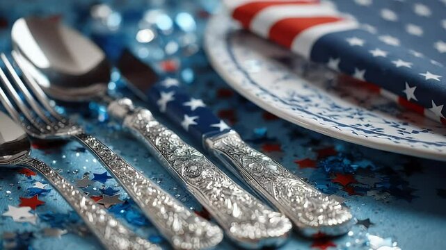 Elegant silverware and patriotic table setting close up