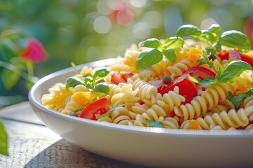 Vibrant Color Visual of Tasty Pasta Salad in a Bowl Outdoors with Fresh Ingredients