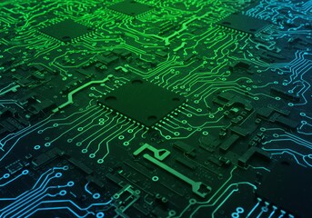 Green and blue circuit board with glowing neon lines.