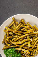 Green beans canned vegetables green string beans fresh delicious gourmet food background on the table rustic food top view copy space keto and paleo diet vegan and vegetarian food