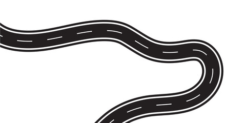 Wavy road with winding curves and horizontal path. Horizontal asphalt road template.  Winding road vector illustration. Winding highway isolated on transparent background.