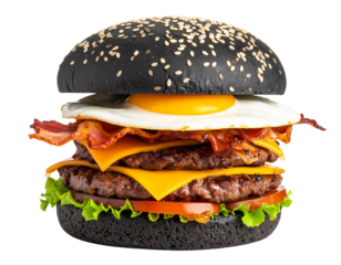 Double Black Burger with Fried Egg and Crispy Bacon, Side View, isolated on a transparent background